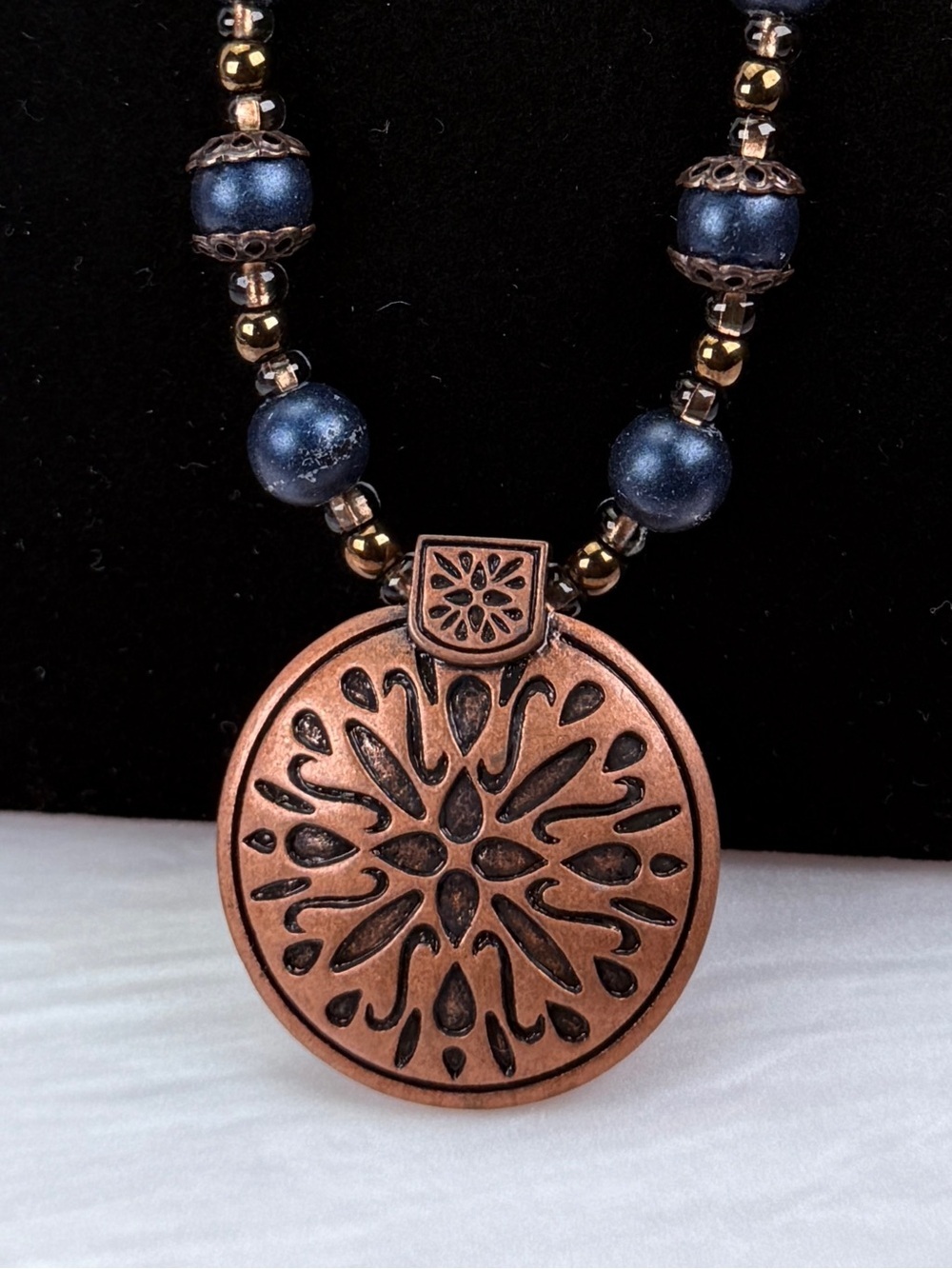 Copper Tone Medallion Pendant Necklace Blue Beads Boho Artisan Style
